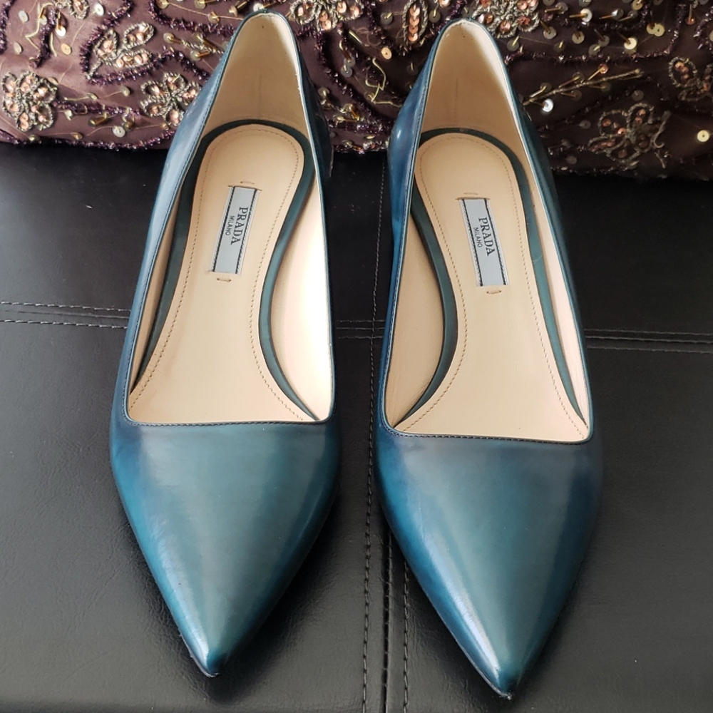 Prada teal blue women's size 37.5. Made in Italy.